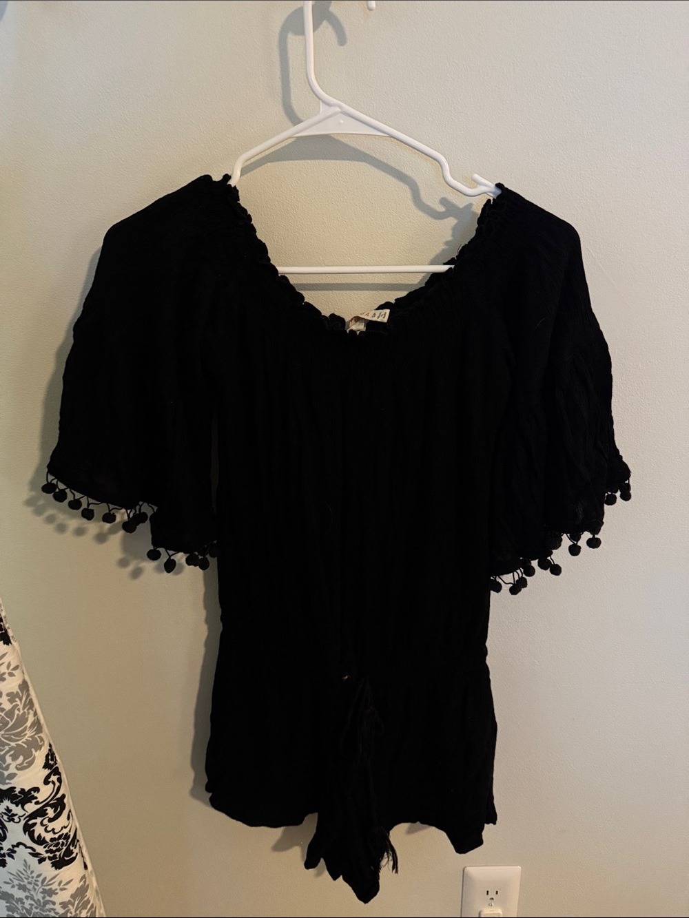 Black off the shoulder One-Piece Romper with Pom Trim size petite small